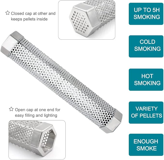 2pcs Smoker Tube 12in Pellet Smoker Tube Stainless Steel Smoke Tube for Hot or Cold Smoking 5 Hours of Billowing smoke Portable BBQ Smoking tube Generator Electric Charcoal Gas Grill Smoker
