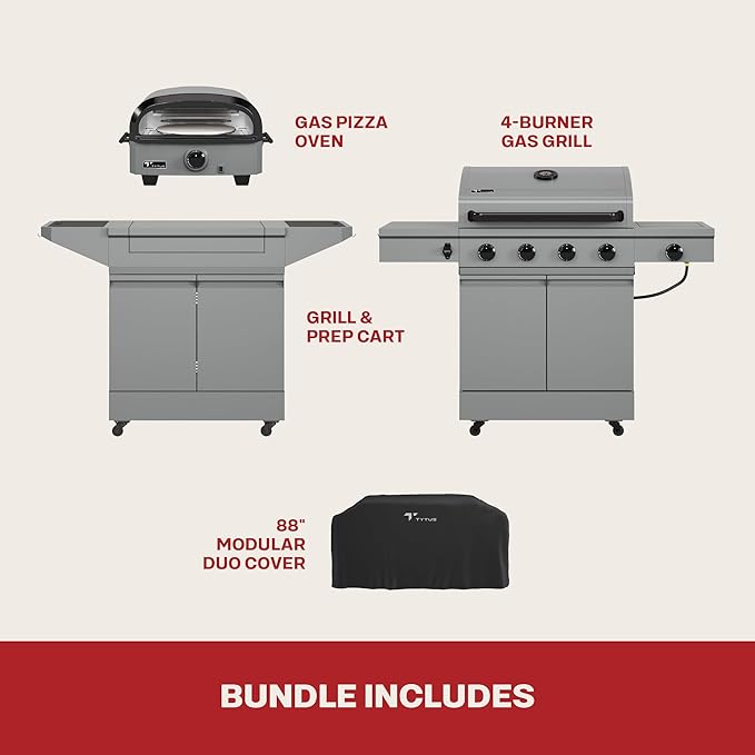 Tytus Anaheim 4-Burner Gas Grill with Prep Cart and Pizza Oven + Cover - Modular Outdoor Kitchen, Quick Assembly, Outdoor Cooking, Kitchen Island for BBQ