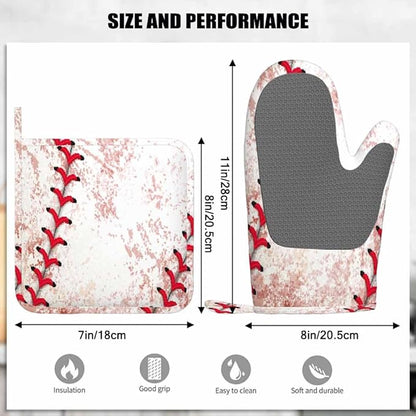 Mxocom Baseball Background Silicone Oven Mitts and Pot Holders Sets BBQ Gloves for Kitchen,Cooking,Baking,Grilling