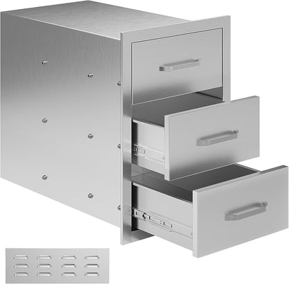 Jocisland 14-Inch Stainless Steel Outdoor Kitchen Drawer Cabinet | 14 W x 22 D x 20 H In, 3-Tier Drawers with Handles and Pull-Out Trays, Built-In BBQ Island Storage