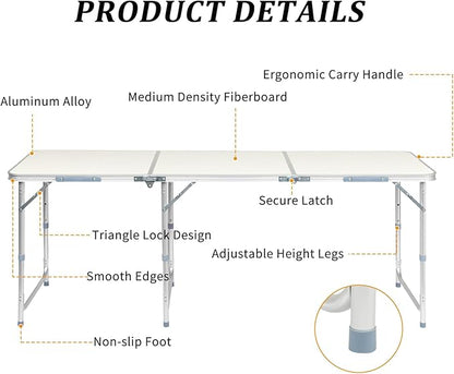 6.0 Ft Folding Portable Camping Table, Adjustable Height, Outdoor Waterproof Aluminum Lightweight Suitcase Table for Picnic, BBQ, Beach, Dining
