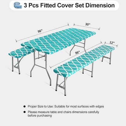 OutdoorLines Vinyl Fitted Picnic Table Cover with Bench Covers | Elastic Waterproof Camping Tablecloth for Picnic Table (Moroccon Teal 96x30 Inch, 3 Pcs)