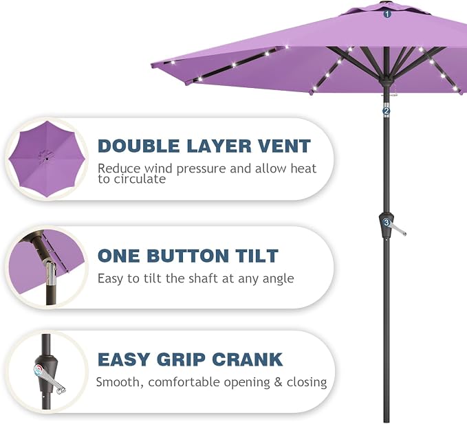 9FT Patio Umbrella with Solar Lights,Outdoor Market Umbrella with Tilt and Crank, LED Lighted Table Umbrella for Garden,Deck,Backyard,Pool,Beach (Taro Purple)