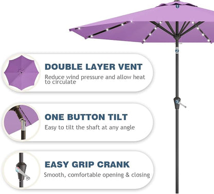9FT Patio Umbrella with Solar Lights,Outdoor Market Umbrella with Tilt and Crank, LED Lighted Table Umbrella for Garden,Deck,Backyard,Pool,Beach (Taro Purple)