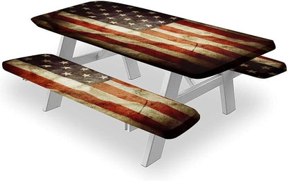American Flag Fitted Picnic Table Tablecloth Cover, Stock Photo Old Wooden with Shabby Paint Print, 28x72 Inch Rectangle Table Cover Set for Outdoor, Park, Patio, Turq Use
