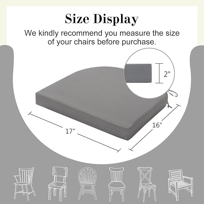Cozyide Outdoor Chair Cushions, Waterproof Patio Seat Cushions with Adjustable Straps, Round Corner Patio Chair Cushions for Garden, Light Grey, 17x16x2 Inch (Pack of 4)