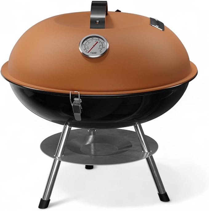 GasOne 14-inch Portable Charcoal Barbecue Grill with Thermometer Lux Brown | 3-Point Locking Lid for Heat Preservation – Dual Venting System – Small Charcoal Grill for Backyard, Camping, Boat