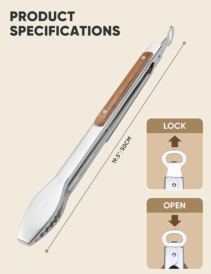 Wood-Handled Grill Tongs, 19.5"/50cm Extra Long BBQ Tongs, Heavy Duty Premium Stainless Steel Metal Tongs with Solid Wood Handles, for Charcoal, Grilling, BBQ, Barbecue, Cooking