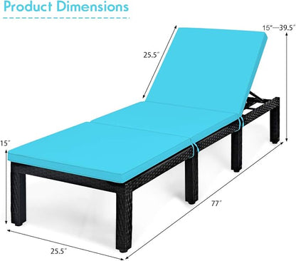 Tangkula Patio Wicker Lounge Chair, Outdoor Rattan Adjustable Reclining Backrest Lounger Chairs, Modern Outside Rattan Chaise with Seating and Back Cushion (1, Turquoise)