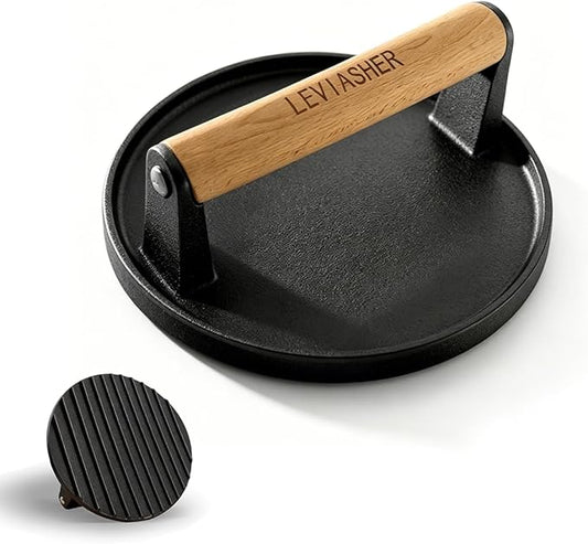 2.3lb Steak Weight & Burger Press, Striped Base, 7" Heavy Duty Cast Iron Grill Press with Wood Handle for Blackstone, Chef, Camp, Panini, Vegetable, Bacon, Sandwich, BBQ