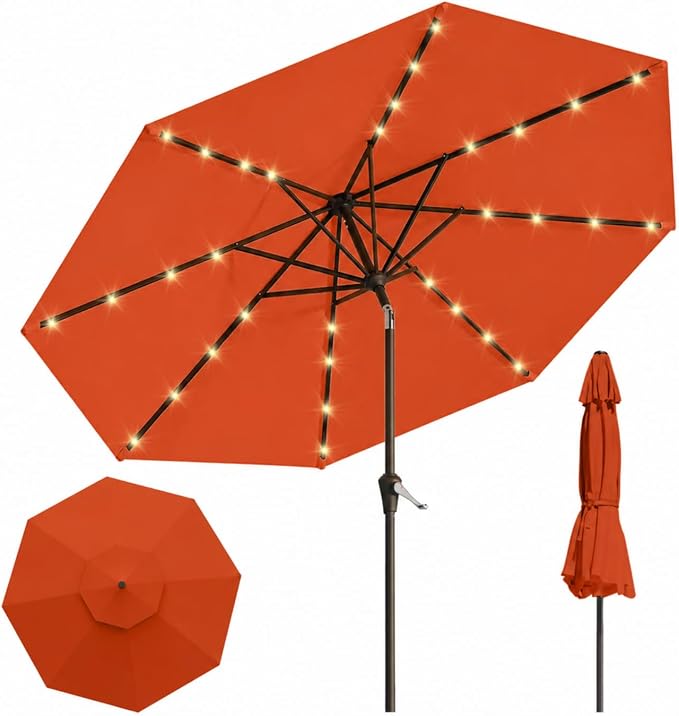 10FT Solar Lighted Patio Umbrella, Outdoor Table Market Umbrellas with Push Button Tilt and Crank, 32 LED Lights, 8 Sturdy Ribs, UV-Resistant for Deck, Garden, Pool