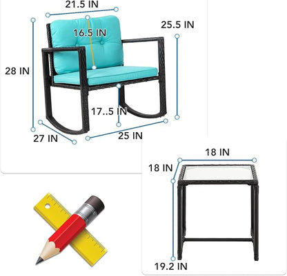 3 Pieces Rocking Bistro Set Outdoor Conversation Sets Rattan Patio Furniture Wicker Rocking Chairs with Blue Cushions and Glass Coffee Table for Balcony Poolside Garden Patio Porch Backyard