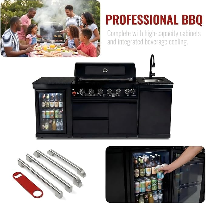 82 Inch Outdoor Kitchen Island, 6-Burner 85000 BTU Propane Stainless Steel BBQ with Side/Rear Burners, With Refrigerator and Sink, Rotisserie, Marble Countertops, Storage, For Backyard BBQ
