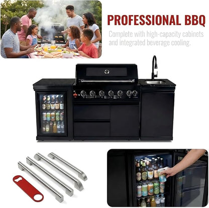 82 Inch Outdoor Kitchen Island, 6-Burner 85000 BTU Propane Stainless Steel BBQ with Side/Rear Burners, With Refrigerator and Sink, Rotisserie, Marble Countertops, Storage, For Backyard BBQ