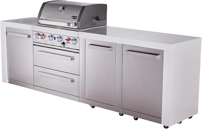 Mont Alpi Premium 107"W x 23"D Deluxe Stainless Steel Modular Outdoor Kitchen Island with Infrared Side Burner + 32"W 4-Burner BBQ Gas Grill + White Granite Countertops + Storage Cabinets + Cover