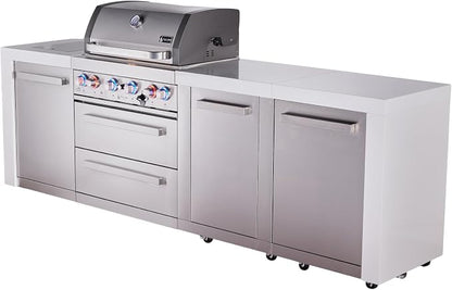 Mont Alpi Premium 107"W x 23"D Deluxe Stainless Steel Modular Outdoor Kitchen Island with Infrared Side Burner + 32"W 4-Burner BBQ Gas Grill + White Granite Countertops + Storage Cabinets + Cover