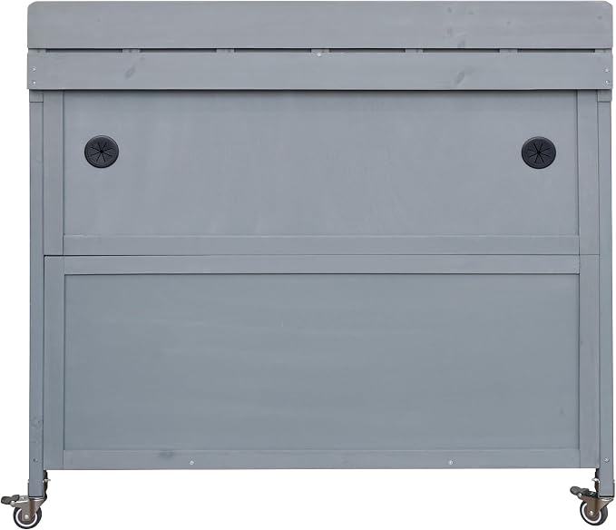 JIVOIT 39.4" Outdoor Kitchen Island with Stainless Table Top, Solid Fir Wood Storage Kitchen Cabinet with Drawer, Adjustable Shelves, Internal Storage Racks & 4 Wheels, Two Doors (Grey Blue/9)