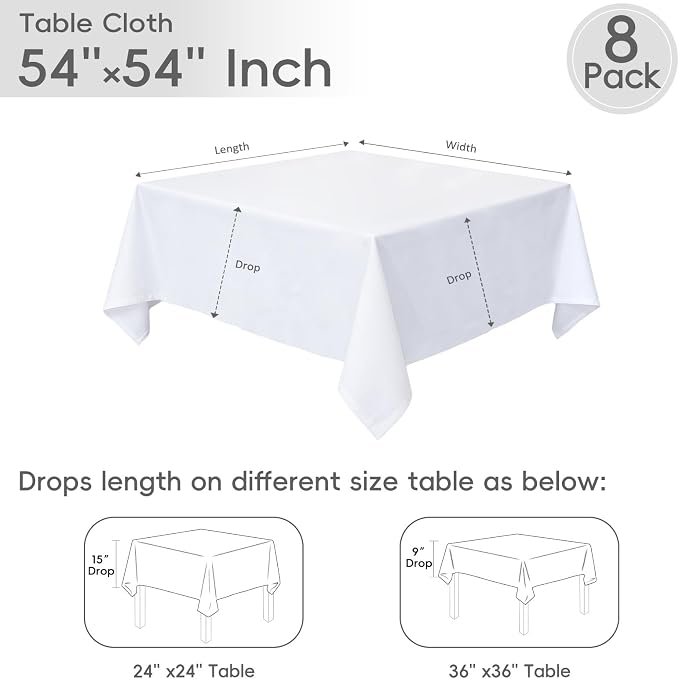 8 Pack White Square Tablecloth 54 x 54 Inch | Wrinkle Resistant, Washable, Polyester Fabric, Square Table Cloth for Dining Party Banquet Buffet Wedding