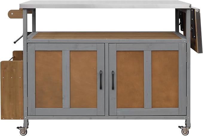 Outdoor Fir Wood Kitchen Island with Foldable Stainless Steel Top, Patio Mobile Kitchen Cart Portable Outdoor Cooking Island with Lockable Wheels, Storage Cabinet and Towel Rack (Espresso+Grey/124)