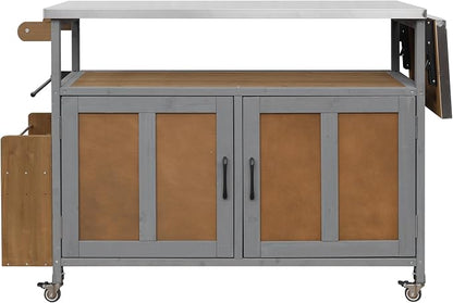Outdoor Fir Wood Kitchen Island with Foldable Stainless Steel Top, Patio Mobile Kitchen Cart Portable Outdoor Cooking Island with Lockable Wheels, Storage Cabinet and Towel Rack (Espresso+Grey/124)
