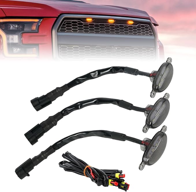 LED Front Grille Running Lights Compatible with Ford F150 Raptor 2004-2018, Compatible with Ram Raptor Style 2013-2018, 12V Grille Marker Light with Wiring Harness, Smoked Lens Amber, 3PCS