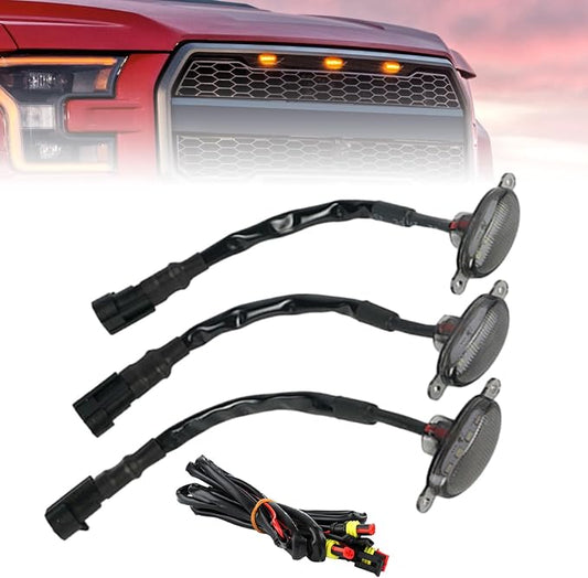 LED Front Grille Running Lights Compatible with Ford F150 Raptor 2004-2018, Compatible with Ram Raptor Style 2013-2018, 12V Grille Marker Light with Wiring Harness, Smoked Lens Amber, 3PCS