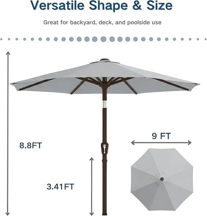 PatioKingdom 9FT Patio Outdoor Umbrella-UPF 50+ Sun Shade with Wind Vent, Push-Button Tilt & Smooth Crank Lift, Rust-Resistant Fiberglass Frame for Garden, Backyard,Yard (Light Gray)