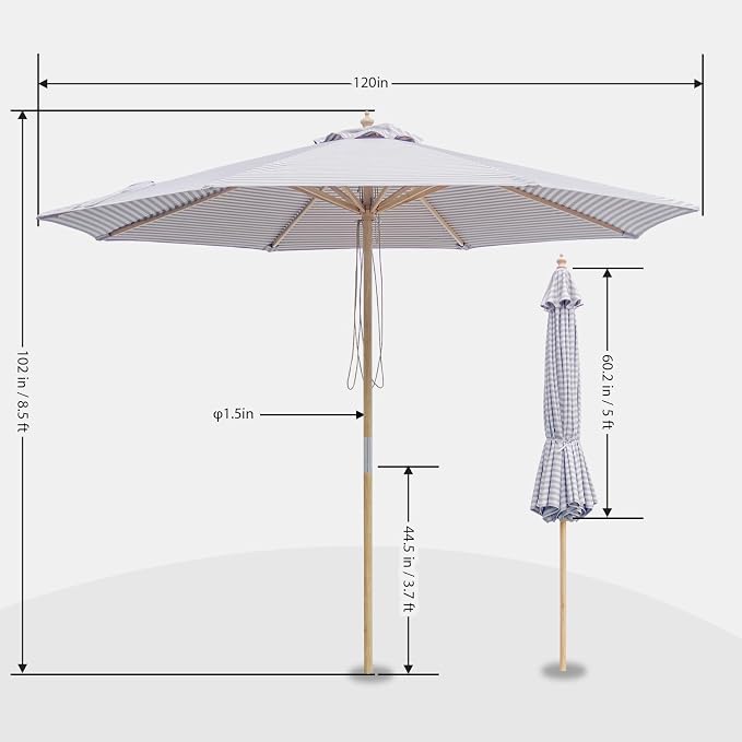 9FT/10FT Wood Patio Umbrella, Large Outdoor Table Pool Umbrella | 205G Olefin/180G Polyester Fabric, Push-Pull Operation Market Umbrella, 8 Rib Vented Canopy, Ideal for Patio, Backyard