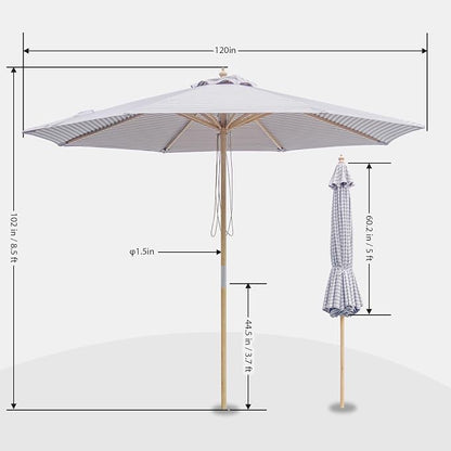 9FT/10FT Wood Patio Umbrella, Large Outdoor Table Pool Umbrella | 205G Olefin/180G Polyester Fabric, Push-Pull Operation Market Umbrella, 8 Rib Vented Canopy, Ideal for Patio, Backyard