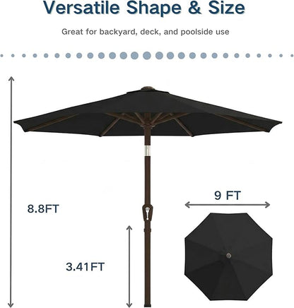 PatioKingdom 9FT Patio Outdoor Umbrella-UPF 50+ Sun Shade with Wind Vent, Push-Button Tilt & Smooth Crank Lift, Rust-Resistant Fiberglass Frame for Garden, Backyard,Yard (Black)