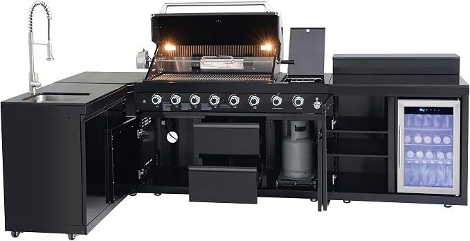 95.8'' Outdoor Kitchen Island, All-In-One 6+1 Burner, 95500 BTU BBQ Grill | Modular Outdoor Kitchen for Backyards, Grill with 304 Stainless Steel, Black Outdoor Kitchens with Sink, Refrigerator