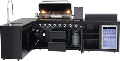 95.8'' Outdoor Kitchen Island, All-In-One 6+1 Burner, 95500 BTU BBQ Grill | Modular Outdoor Kitchen for Backyards, Grill with 304 Stainless Steel, Black Outdoor Kitchens with Sink, Refrigerator