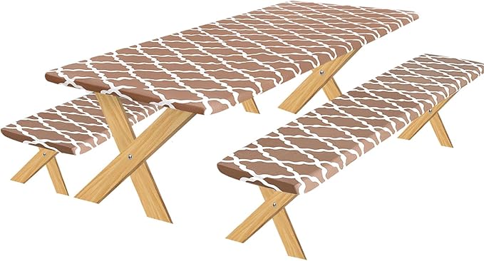 OutdoorLines Vinyl Fitted Picnic Table Cover with Bench Covers | Elastic Waterproof Camping Tablecloth for Picnic Table (Moroccon Camel 72x30 Inch, 3 Pcs)