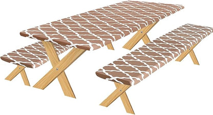 OutdoorLines Vinyl Fitted Picnic Table Cover with Bench Covers | Elastic Waterproof Camping Tablecloth for Picnic Table (Moroccon Camel 72x30 Inch, 3 Pcs)