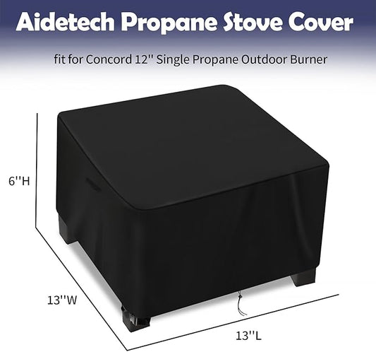 Camping Stove Cover for Concord 12" Single Propane Outdoor Burner, Waterproof Covers for Outdoor Propane Gas Grill Burners Stove - 13”L x 13”W x 6”H, Black