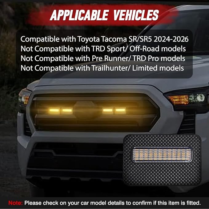 4 LED Grille Lights with Wire Harness and Fuse, LED Front Grill Light, Compatible with Toyota Tacoma SR/SR5 2024-2026, 1 Set (Clear Cover)