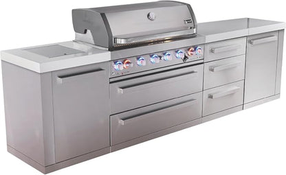 Mont Alpi Premium 119"W x 23"D x 46"H Stainless Steel Modular Outdoor Kitchen Island with Infrared Side Burner + 44"W 6-Burner BBQ Grill + Granite Countertops + Storage Cabinets + Soft Close Drawers