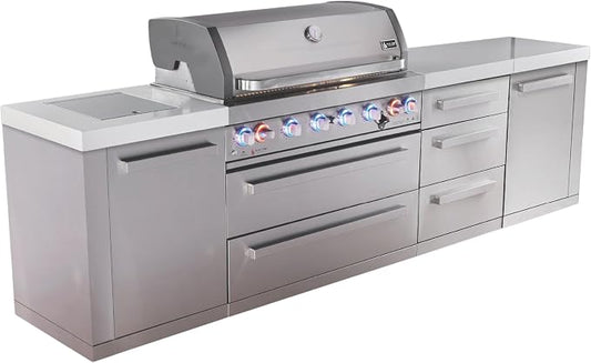 Mont Alpi Premium 119"W x 23"D x 46"H Stainless Steel Modular Outdoor Kitchen Island with Infrared Side Burner + 44"W 6-Burner BBQ Grill + Granite Countertops + Storage Cabinets + Soft Close Drawers
