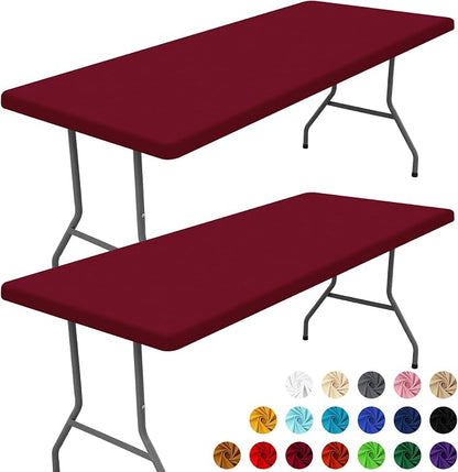 Moosfor 2 Pack Rectangle Spandex Fitted Table Cloth, 6FT Elastic Tablecloth | Washable Picnic Table Cover, Stretch Waterproof Table cloths for Party, Patio, Dining, Kitchen, 30" x 72", Wine Red