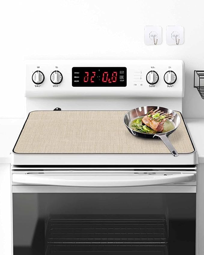 Stove Top Covers for Electric Stove 36x21 Inches, Vintage Cream HeatResistant Glass Cooktop Protector, Farmhouse Retro Solid Color Linen Texture Ceramic Stovetop Countertop Covers Mat, Oven Cover