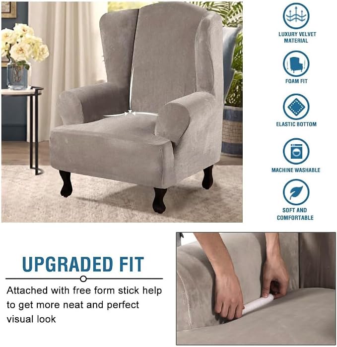 H.VERSAILTEX Wingback Chair Covers Velvet Plush Wing Chair Slipcover 1 Piece High Stretch Wing Back Chair Slipcovers Sofa Cover Furniture Cover with Elastic Bottom, Taupe