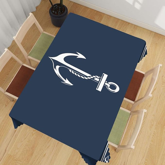 Nautical Decorative Rectangle Tablecloth Anchor Sailing Ocean Dark Navy Blue Rectangle Tablecloth Picnic Table Cover BBQ Table Cloths Polyester for Kitchen Coffee 52" x 70" 4-6 Seats