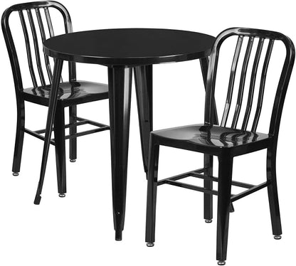 Flash Furniture Craig Commercial Grade 30" Round Black Metal Indoor-Outdoor Table Set with 2 Vertical Slat Back Chairs | Commercial Grade, Indoor/Outdoor Use, Vertical Slat Back