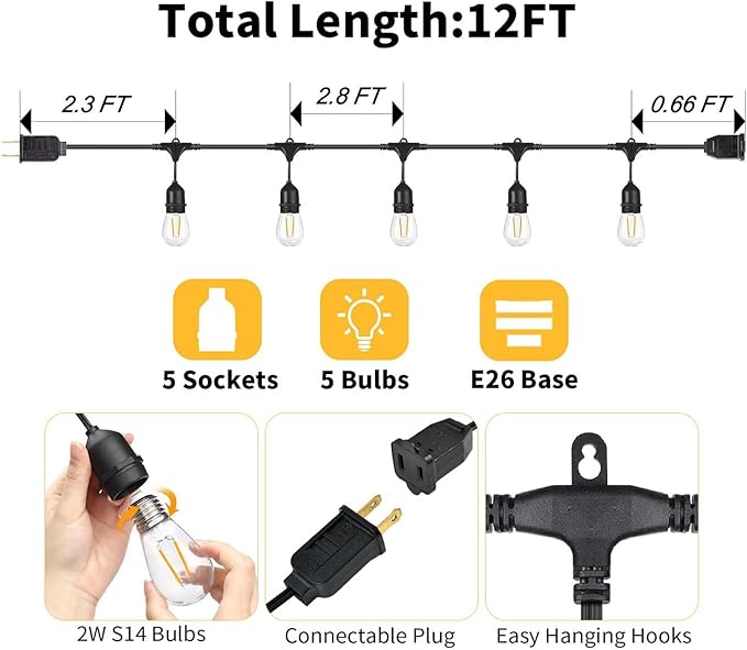 BRIMAX 12FT Outdoor String Lights with 5 LED Bulbs 2W Shatterproof Edison Bulb Commercial Grade Waterproof Outside Light 2700K Warm White for Bistro Gazebos Porch Patio Garden