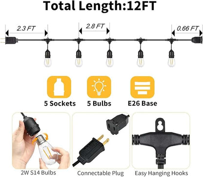 BRIMAX 12FT Outdoor String Lights with 5 LED Bulbs 2W Shatterproof Edison Bulb Commercial Grade Waterproof Outside Light 2700K Warm White for Bistro Gazebos Porch Patio Garden