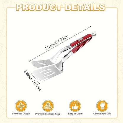 M METERXITY Spatula Tongs, 11.4 Inch 304 Stainless Steel Anti-Scald Multifunctional Flipper Grill Clamp for Cooking/Barbecue, Kitchen Cooking Tongs [Red Handle, Silver Tone]