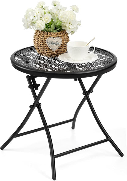 TeoKJ Folding Small Outdoor Side Table, No Assembly Metal Desk, Black x 2 | Metal Round Anti Rust Patio Table, Small Nightstand with Flower Cutouts, for Porch Yard, Balcony, Lawn, Pool, Lightweight