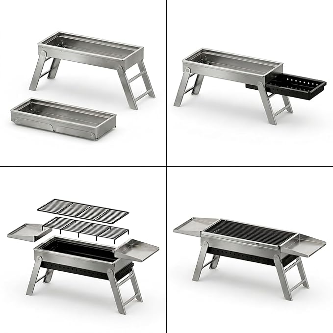 Charcoal Grill, Foldable Portable Camping Charcoal Grill, Stainless Steel BBQ Grill with Ceramic Grate, 2-in-1 Side Tables & Pull-Out Ash Pan Outdoor & Backyard Grill for Patio Cooking Char-gril252