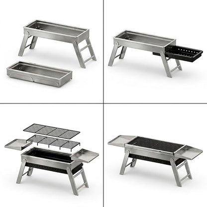 Charcoal Grill, Foldable Portable Camping Charcoal Grill, Stainless Steel BBQ Grill with Ceramic Grate, 2-in-1 Side Tables & Pull-Out Ash Pan Outdoor & Backyard Grill for Patio Cooking Char-gril252