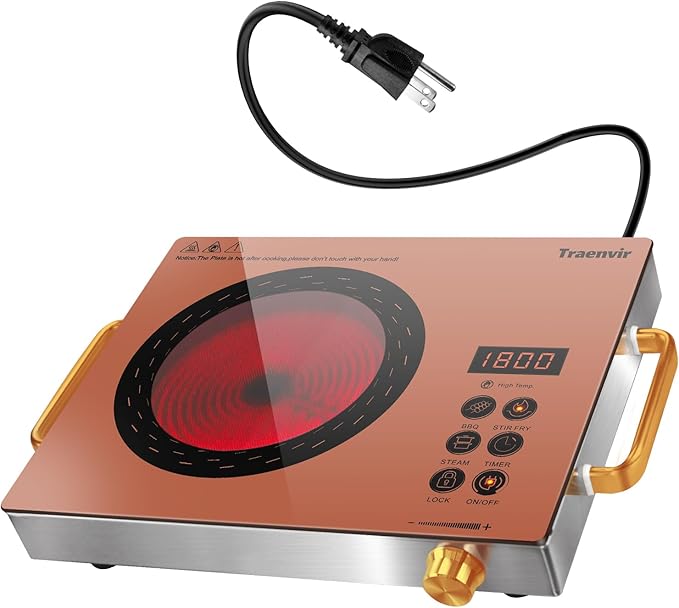 Single Burner Electric Cooktop, Protable Electric Stove with Handle, 1800W One Burner Ceramic Stove top for Dorm, Home, RV, Child Lock, Timer, Steam, BBQ, Stir Fry,110V - 120V Plug in, Orange